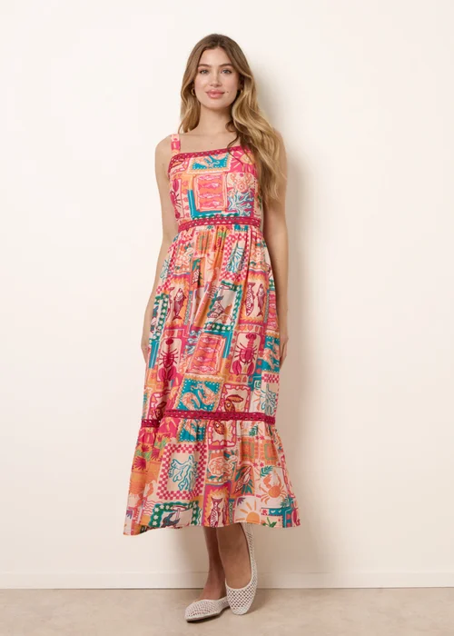 Blue Vanilla Orange Ric Rac Trim Postcard Print Dress - M Image 3