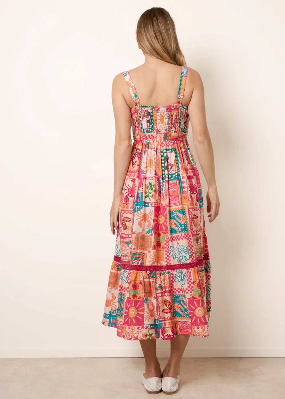 Blue Vanilla Orange Ric Rac Trim Postcard Print Dress - M Image 4