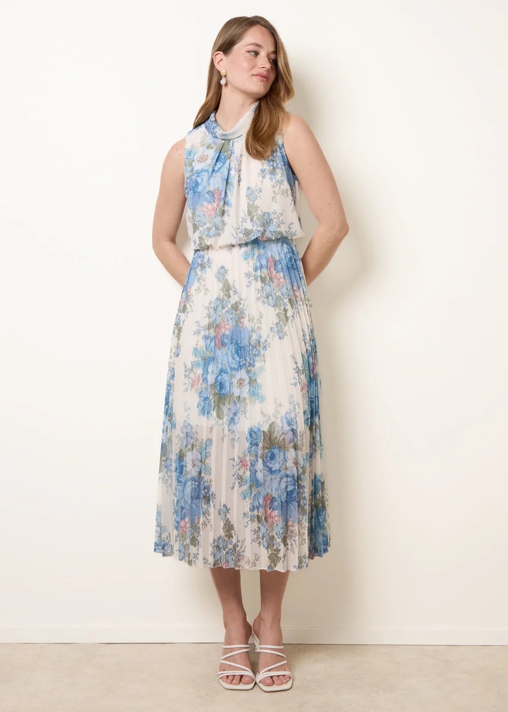 Blue Vanilla White Printed Sleeveless Cowl Neck Pleated Dress - S Image 3