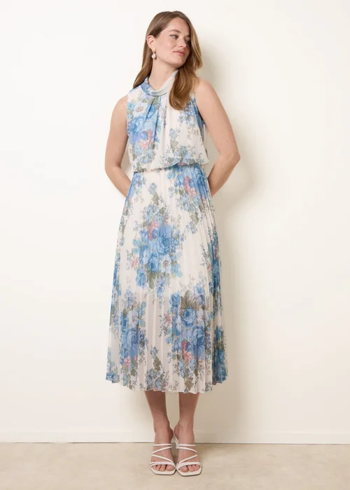 Blue Vanilla White Printed Sleeveless Cowl Neck Pleated Dress - S Image 3
