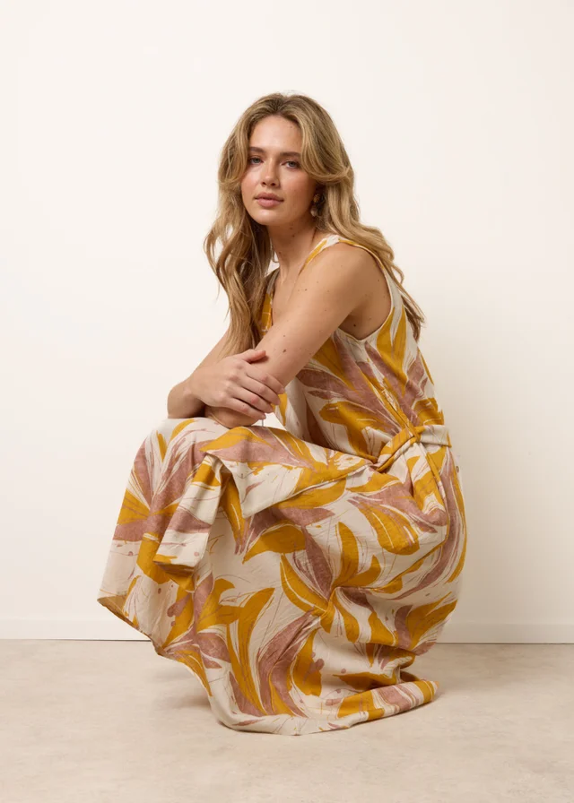Blue Vanilla Yellow Leaf Print Dress