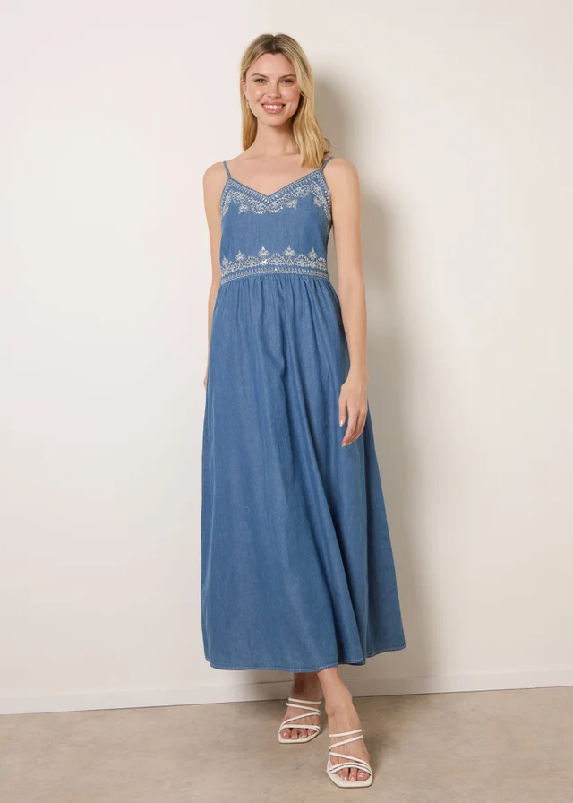 Blue Vanilla Blue Floral Embroidery Adjustable Strap Maxi Dress