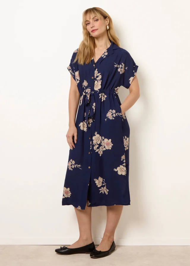 Blue Vanilla Navy Drawstring Midi Shirt Dress