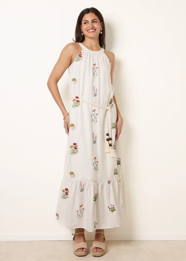 Blue Vanilla Stone Halter Neck Embroidered Dress
