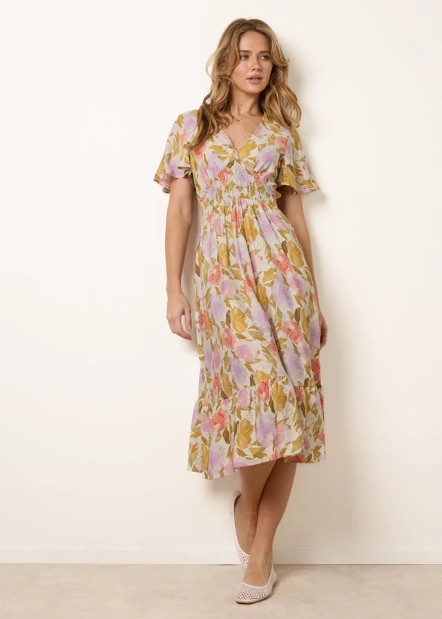 Blue Vanilla Multi Floral Print Angel Sleeve Midi Dress