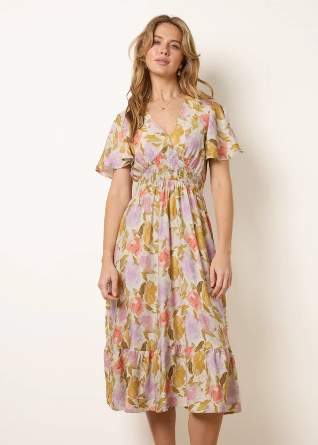 Blue Vanilla Multi Floral Print Angel Sleeve Midi Dress