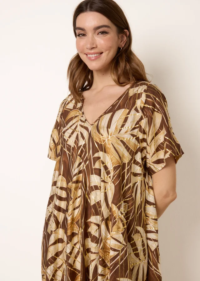 Blue Vanilla Brown Topical Print Kimono Style Oversized Dress