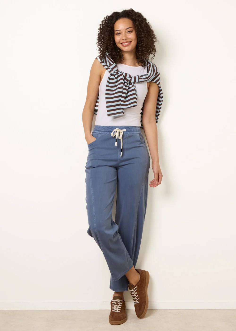 Blue Vanilla Blue Elasticated Waistband Front Tie Stretch Trousers - M Image 1