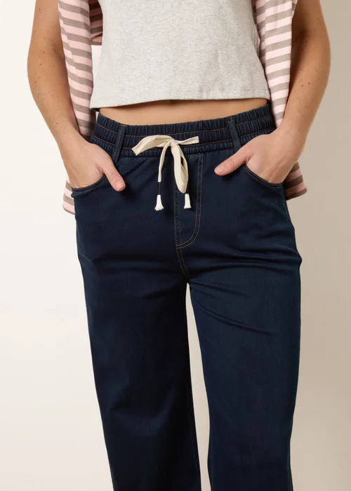 Blue Vanilla Navy Herringbone Tie Up Stretch Trousers - L Image 3