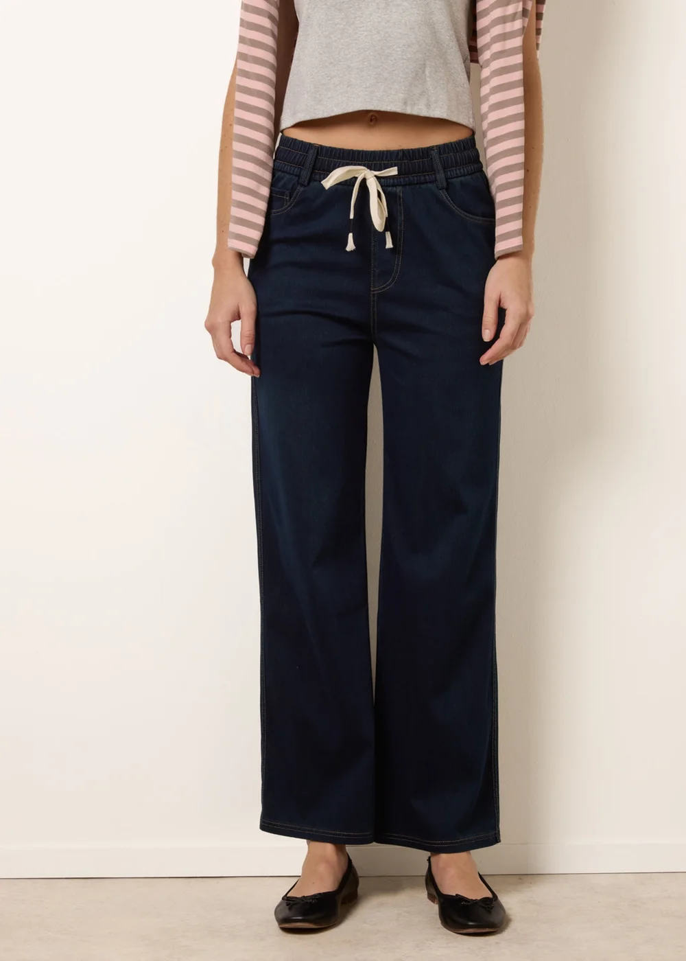 Blue Vanilla Navy Herringbone Tie Up Stretch Trousers - L Image 2