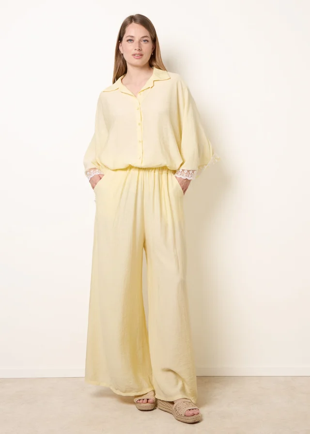 Blue Vanilla Yellow Crinkle Viscose Wide Leg Trousers