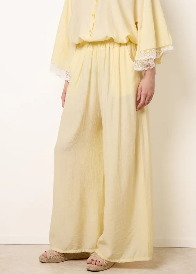 Blue Vanilla Yellow Crinkle Viscose Wide Leg Trousers