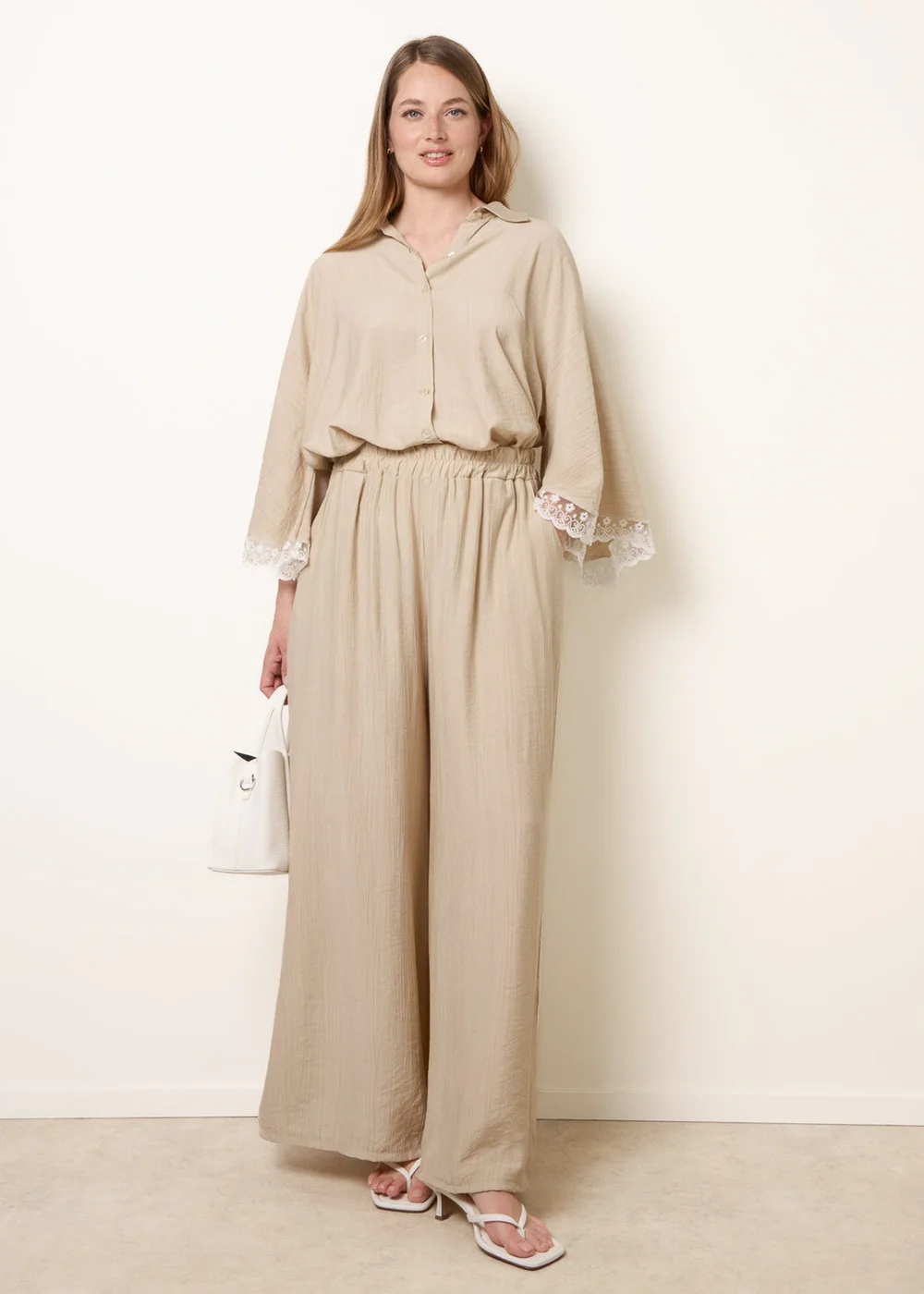 Blue Vanilla Beige Crinkle Viscose Wide Leg Trousers - One Size Image 3
