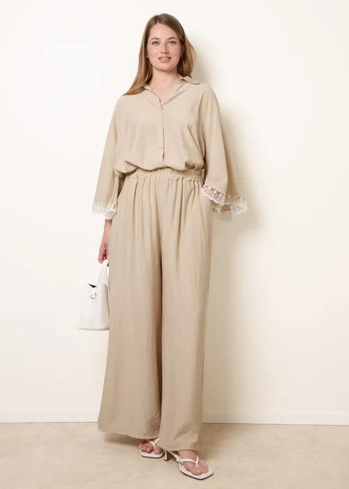 Blue Vanilla Beige Crinkle Viscose Wide Leg Trousers - One Size Image 3