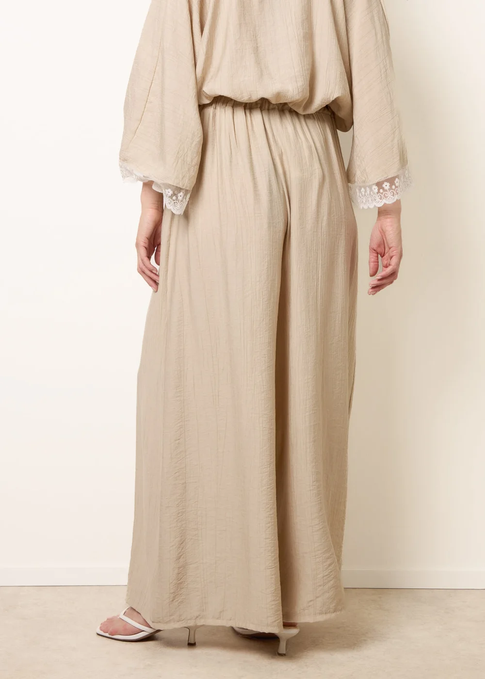 Blue Vanilla Beige Crinkle Viscose Wide Leg Trousers - One Size Image 4
