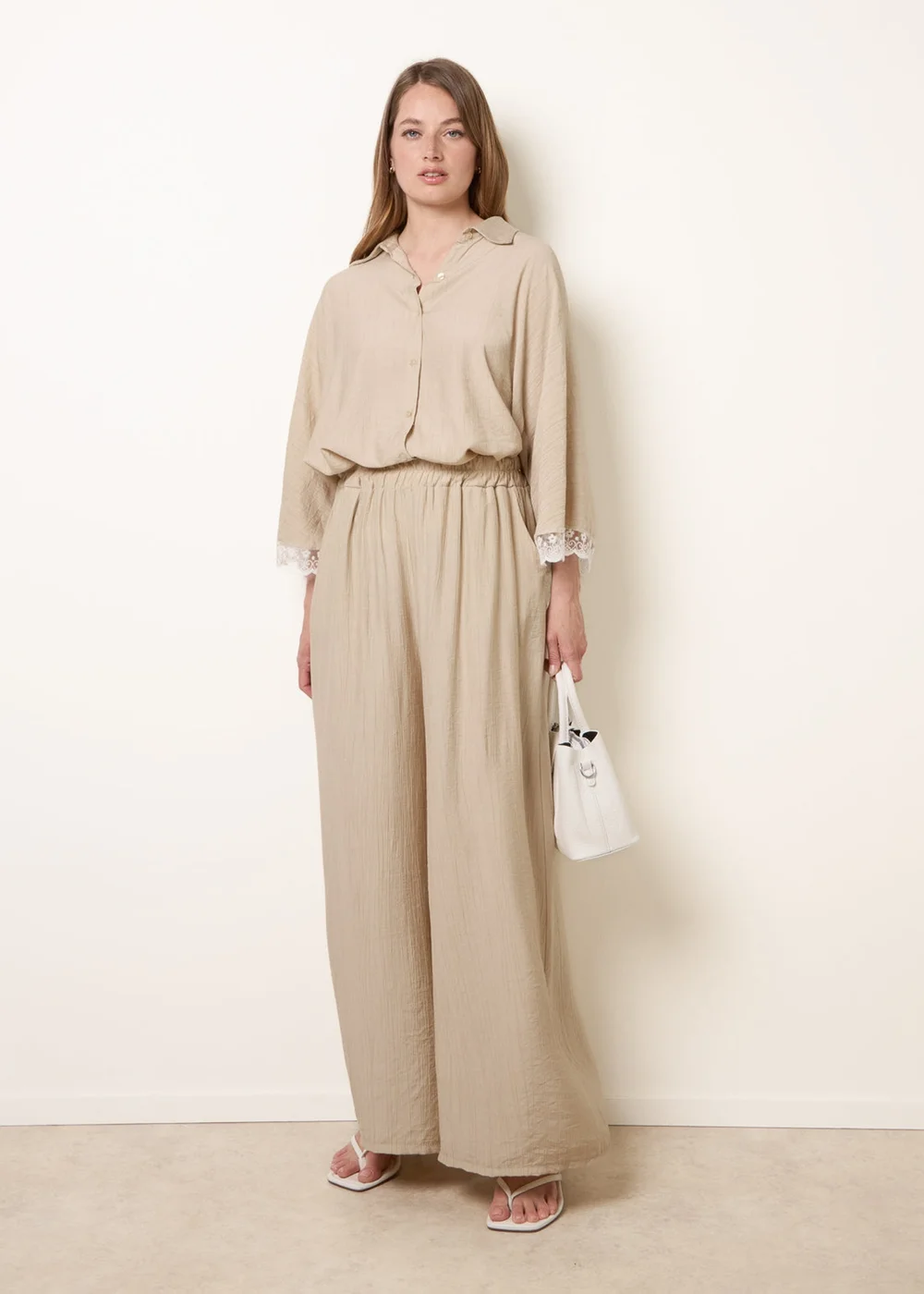 Blue Vanilla Beige Crinkle Viscose Wide Leg Trousers - One Size Image 1