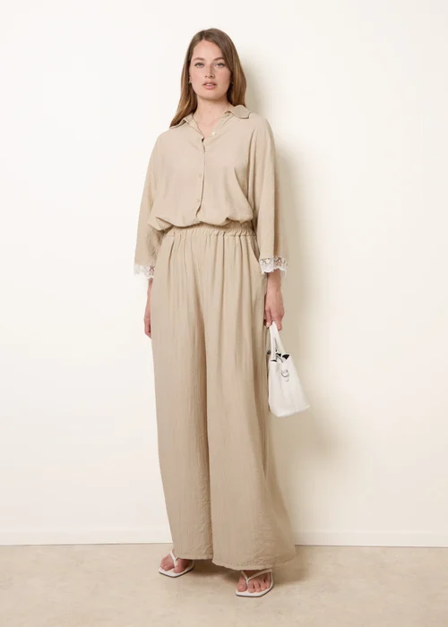 Blue Vanilla Beige Crinkle Viscose Wide Leg Trousers - One Size Image 1