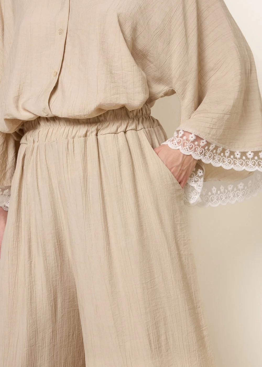 Blue Vanilla Beige Crinkle Viscose Wide Leg Trousers - One Size Image 2
