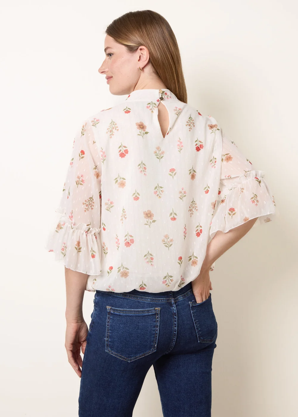 Blue Vanilla White High Neck Frill Sleeve Dobby Floral Print Puffball Blouse - M/L Image 4