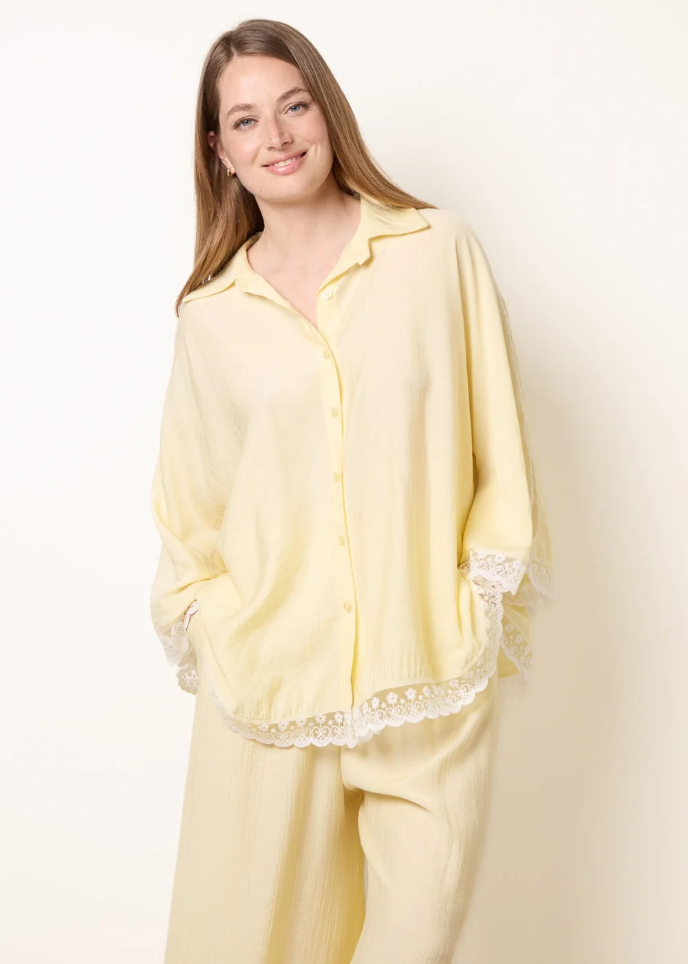 Blue Vanilla Yellow Oversize Crinkle Lace Hem Shirt - One Size Image 1