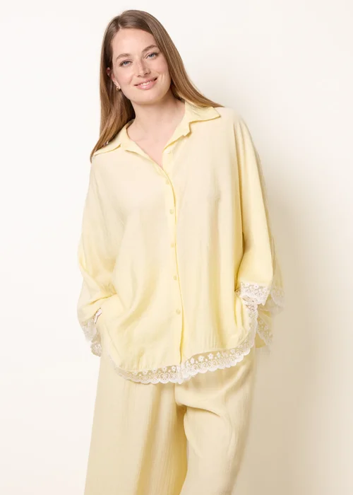 Blue Vanilla Yellow Oversize Crinkle Lace Hem Shirt - One Size Image 1