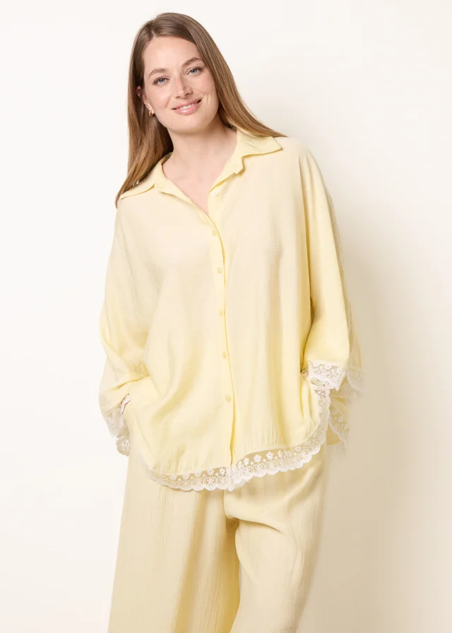 Blue Vanilla Yellow Oversize Crinkle Lace Hem Shirt