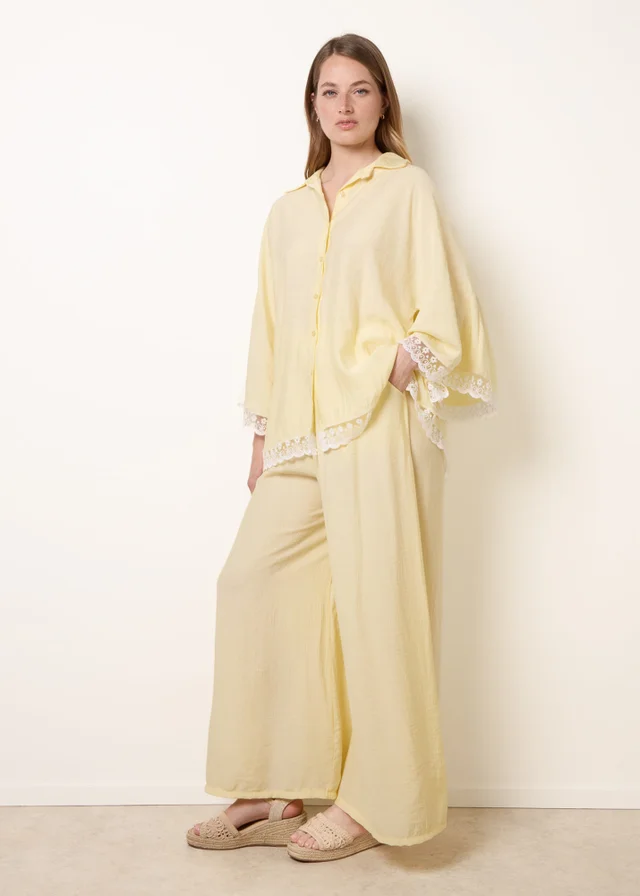 Blue Vanilla Yellow Oversize Crinkle Lace Hem Shirt