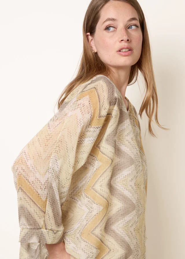 Blue Vanilla Yellow Zig Zag Round Neck Oversized Top