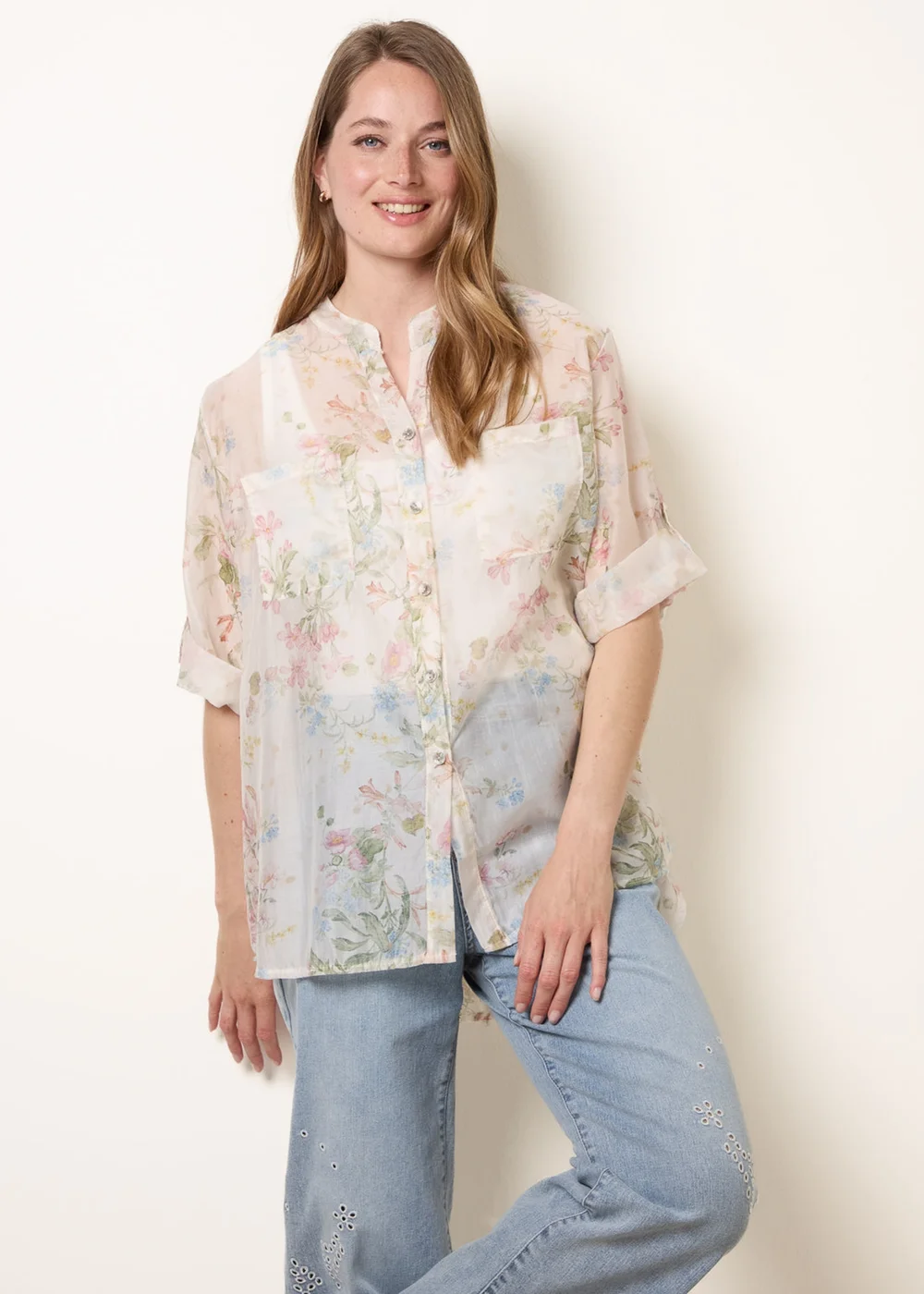 Blue Vanilla White Sheer Floral Shirt - One Size Image 1