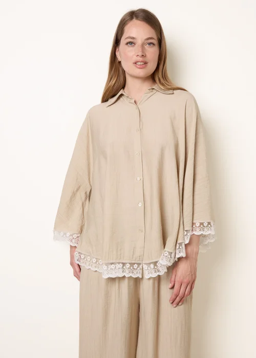 Blue Vanilla Beige Oversize Crinkle Lace Hem Shirt - One Size Image 2
