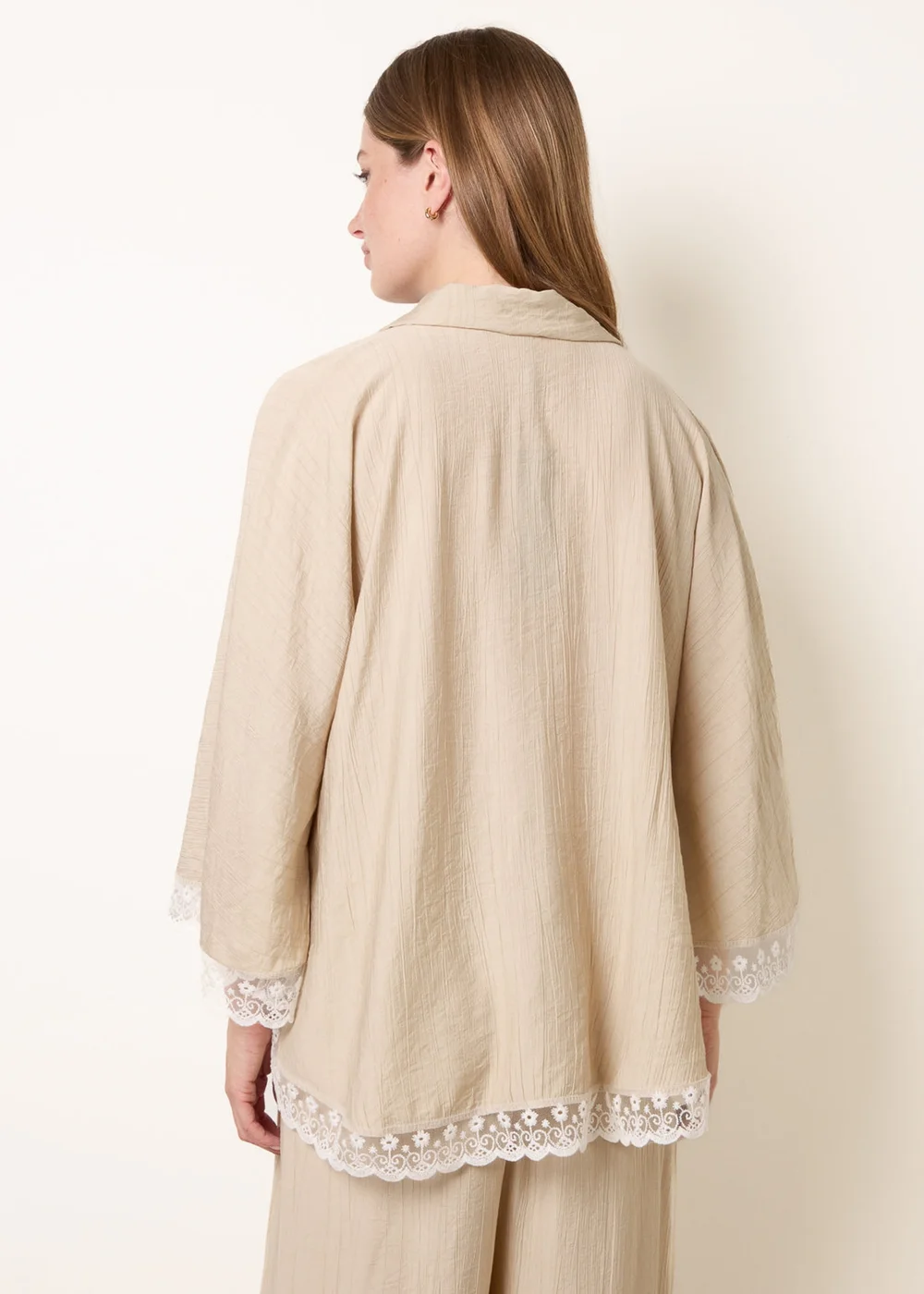 Blue Vanilla Beige Oversize Crinkle Lace Hem Shirt - One Size Image 4