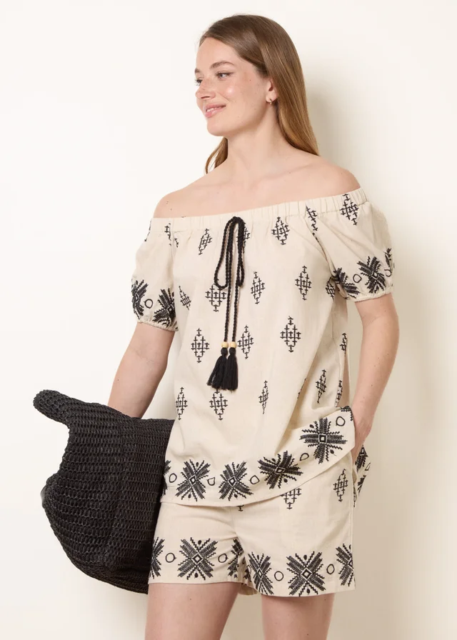 Blue Vanilla Stone Embroidered Bardot Top