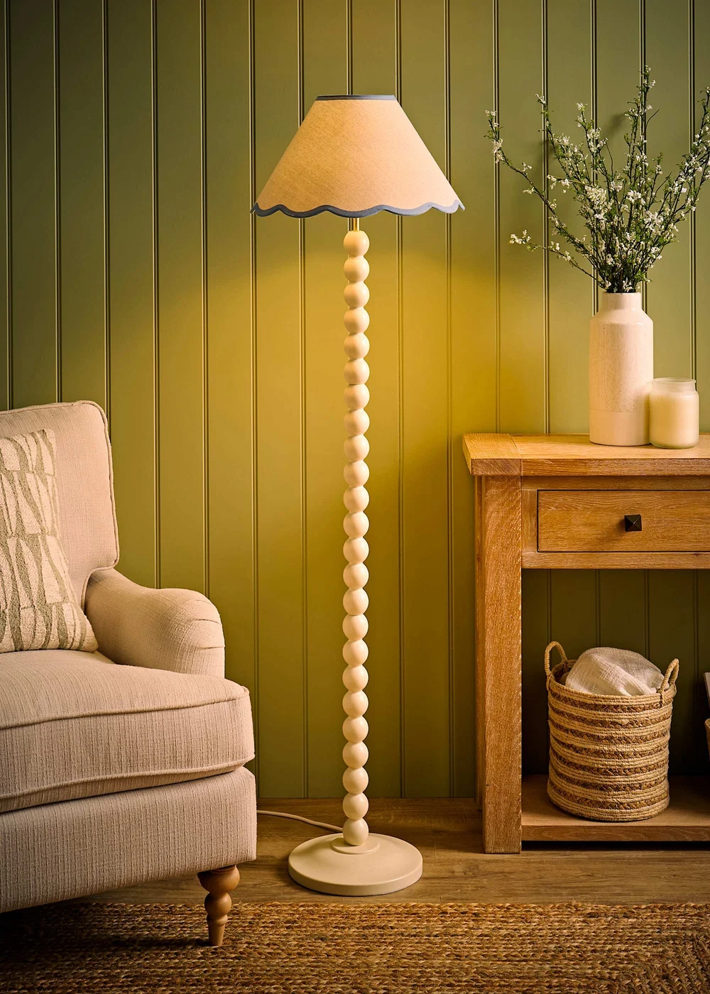 ValueLights Bobble Cream Floor Lamp with Blue Trim Scallop Shade - One Size Image 1
