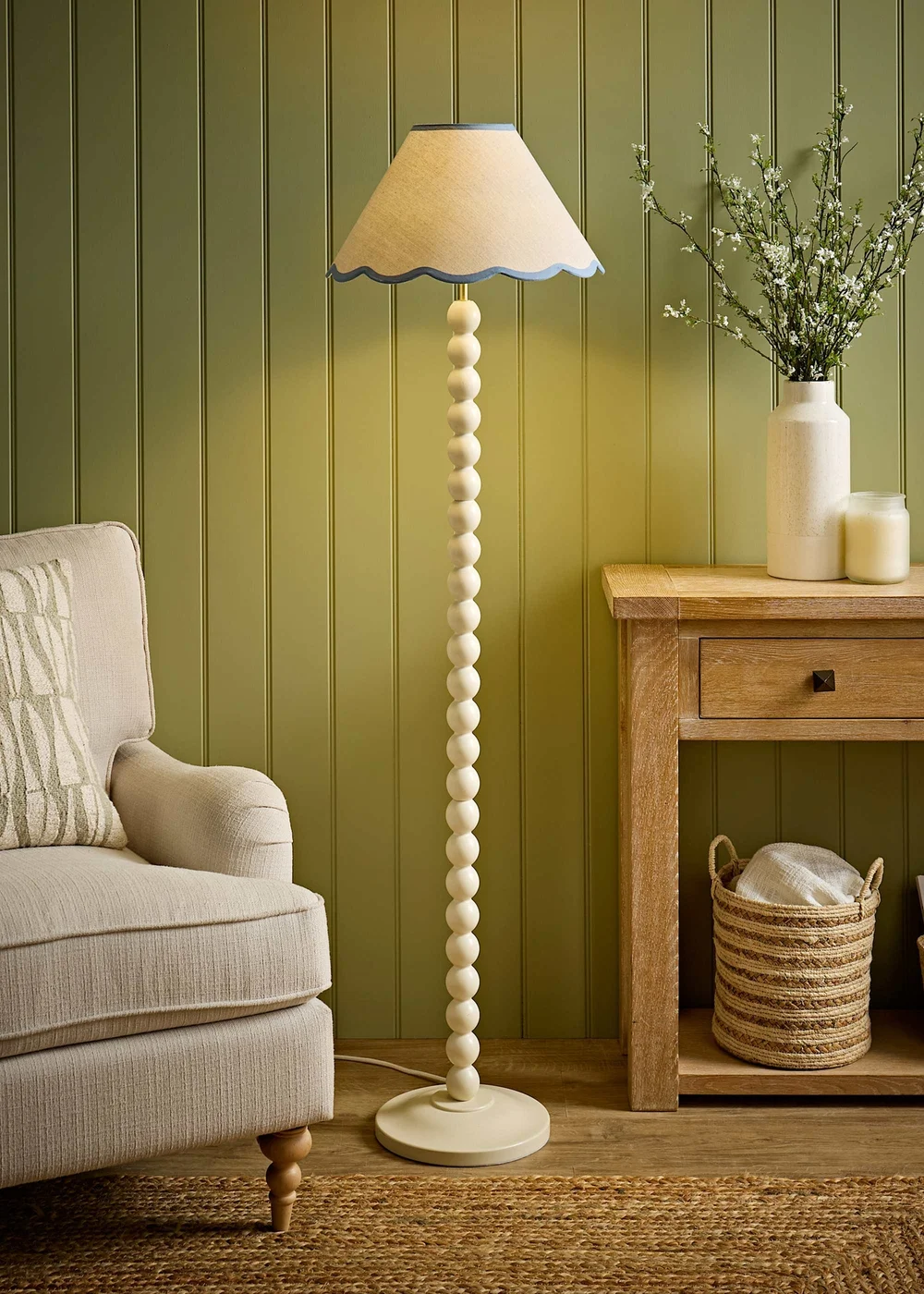 ValueLights Bobble Cream Floor Lamp with Blue Trim Scallop Shade - One Size Image 5