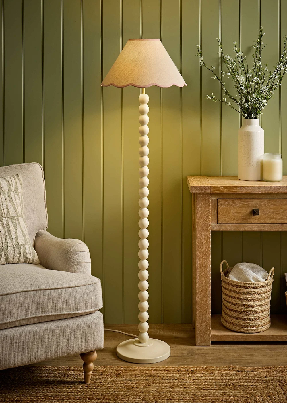 ValueLights Bobble Cream Floor Lamp with Pink Trim Scallop Shade - One Size Image 5