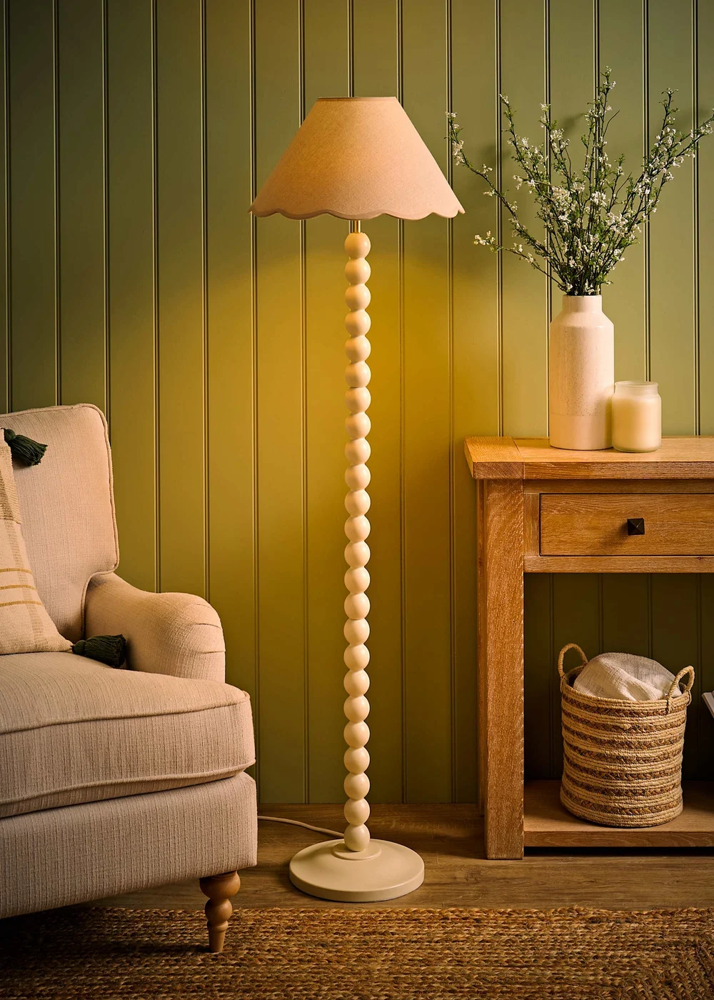 ValueLights Bobble Cream Floor Lamp with Natural Trim Scallop Shade - One Size Image 1