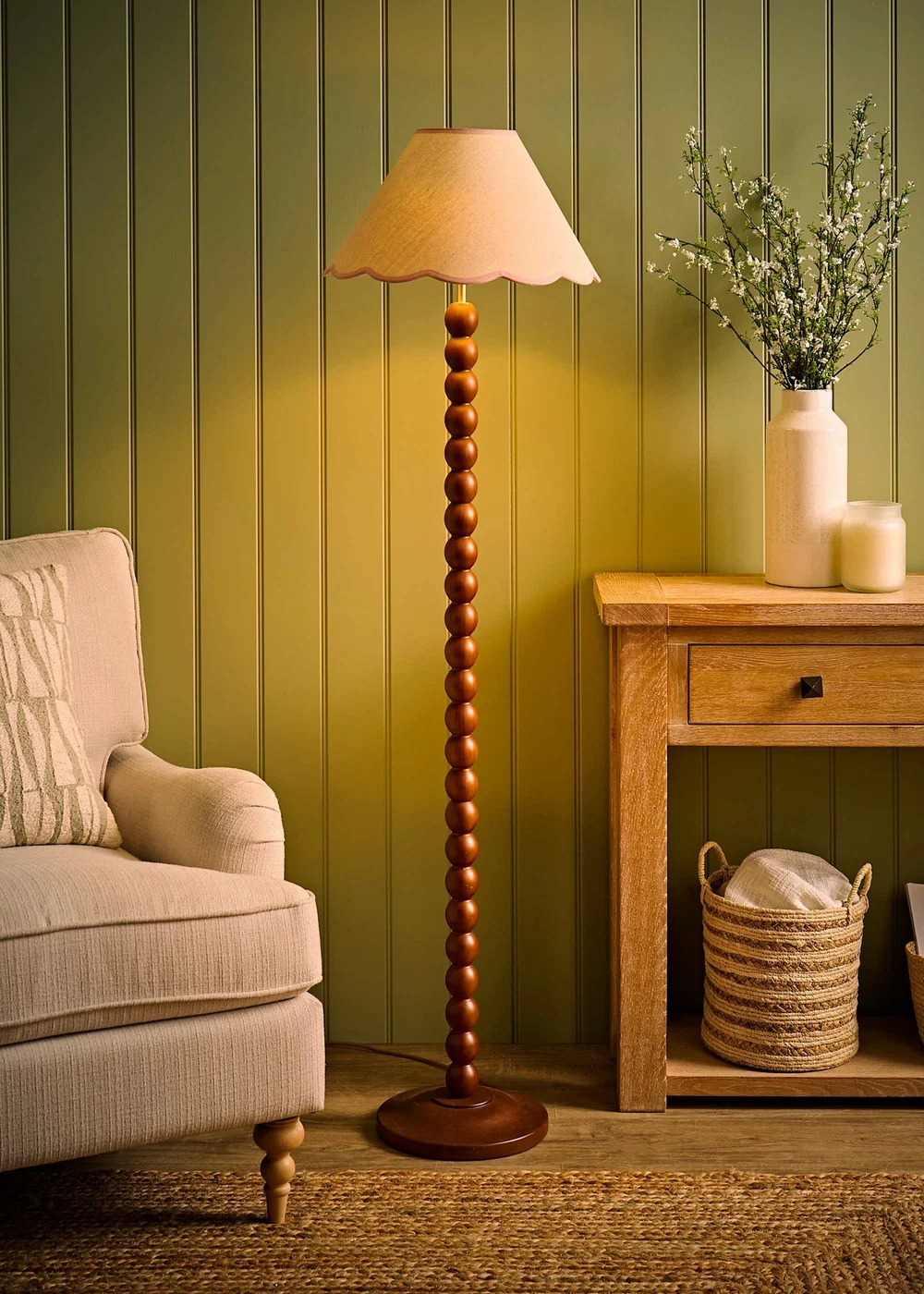 ValueLights Bobble Walnut Floor Lamp with Pink Trim Scallop Shade - One Size Image 1