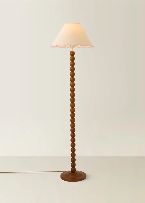 ValueLights Bobble Walnut Floor Lamp with Pink Trim Scallop Shade - One Size Image 2