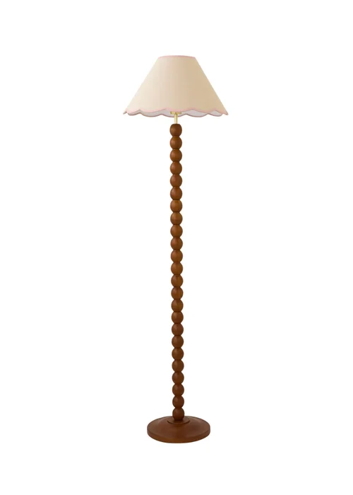 ValueLights Bobble Walnut Floor Lamp with Pink Trim Scallop Shade - One Size Image 4