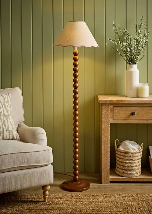 ValueLights Bobble Walnut Floor Lamp with Pink Trim Scallop Shade - One Size Image 5