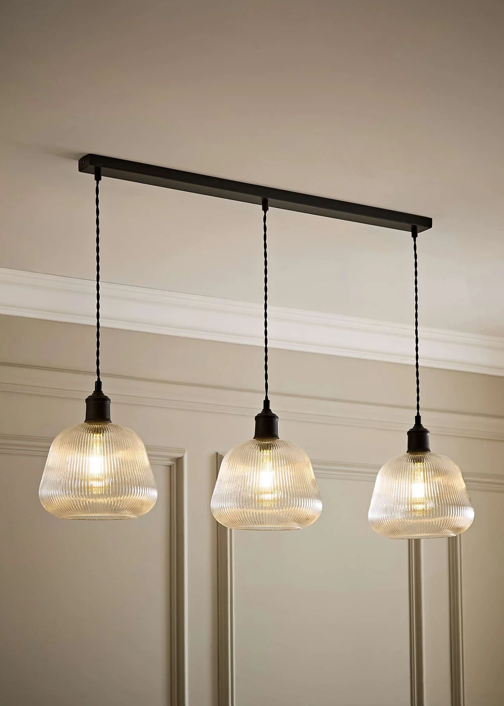 ValueLights Delora Matte Black Ribbed Glass 3 Drop Diner Ceiling Light - One Size Image 5