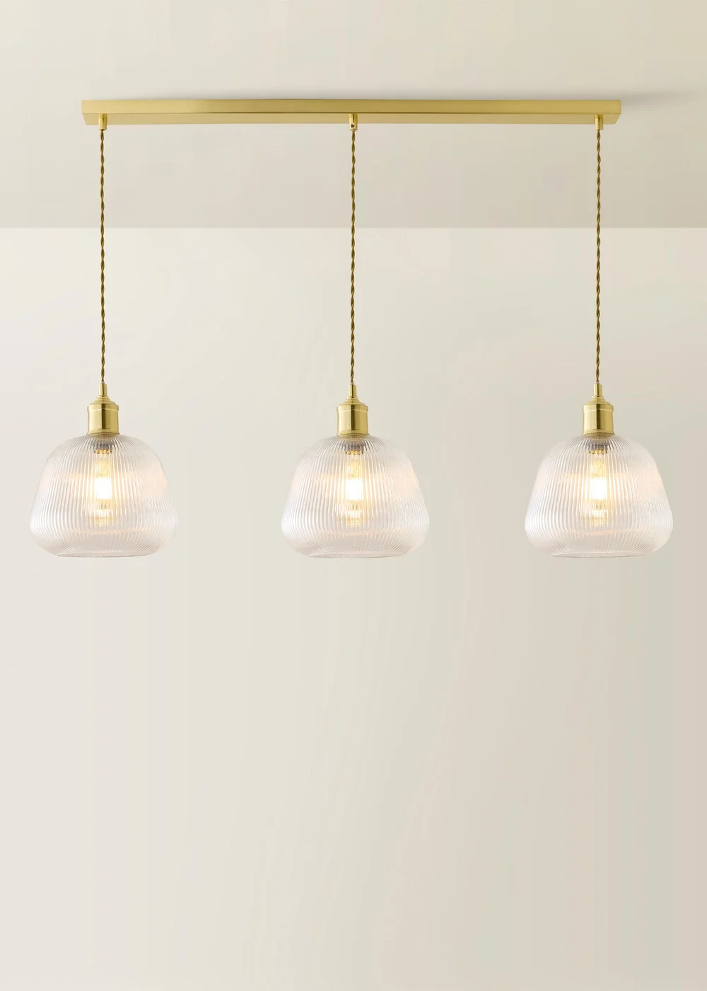 ValueLights Delora Brushed Gold Ribbed Glass 3 Drop Diner Ceiling Light - One Size Image 2