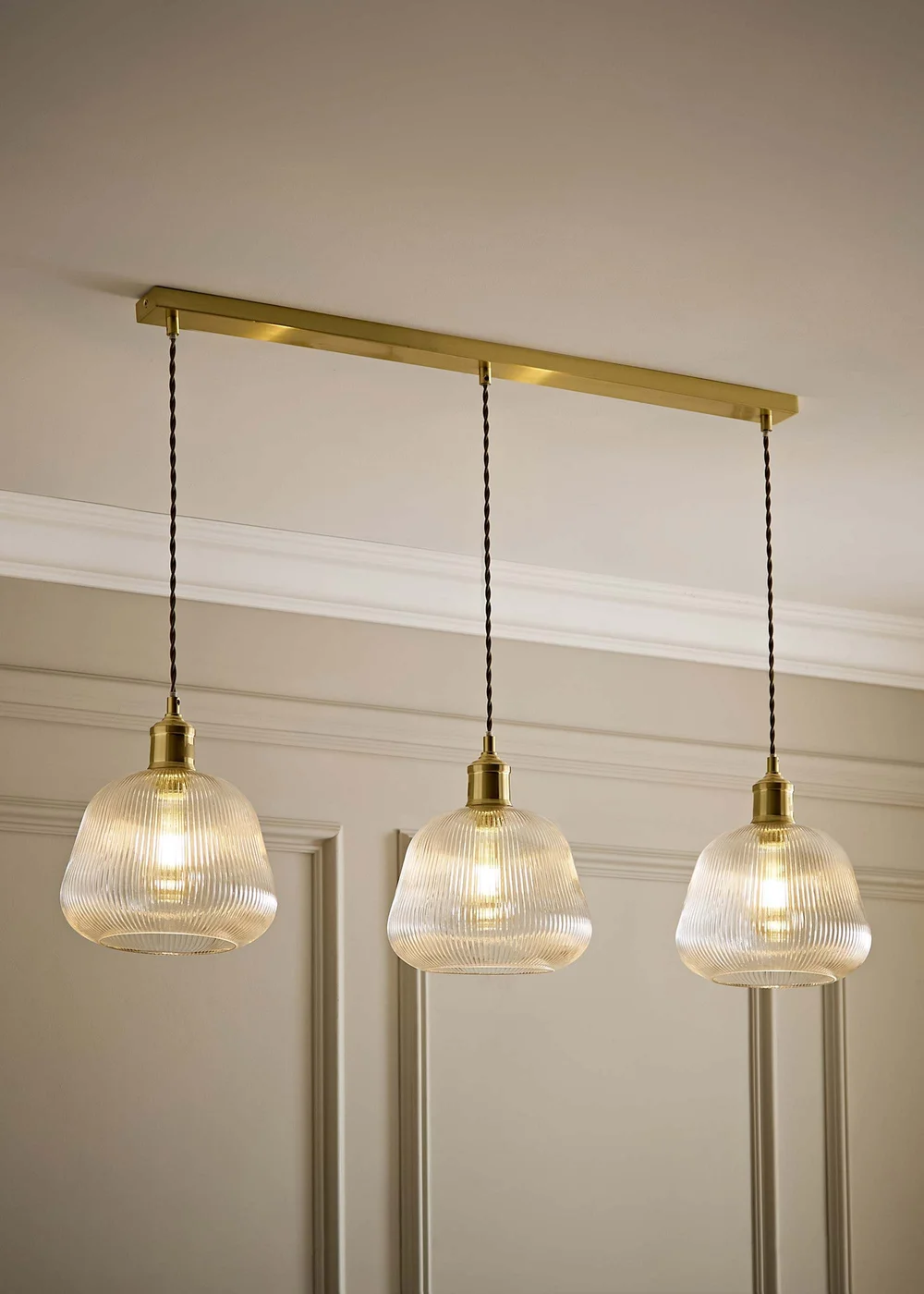 ValueLights Delora Brushed Gold Ribbed Glass 3 Drop Diner Ceiling Light - One Size Image 5