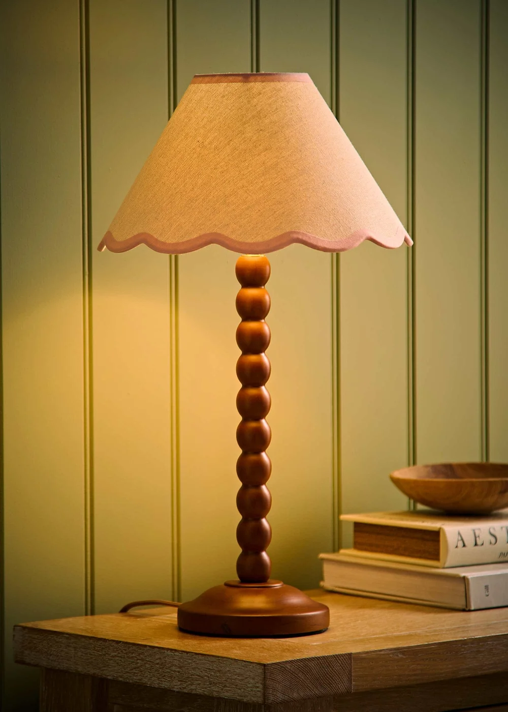 ValueLights Bobble Walnut Table Lamp with Pink Trim Scallop Shade - One Size Image 1