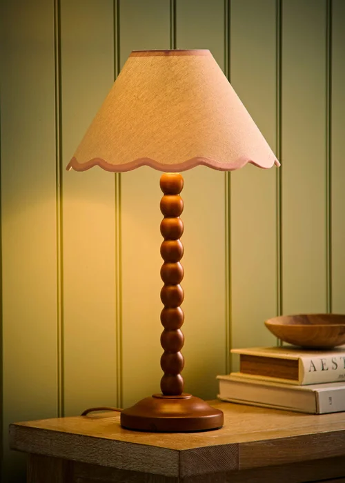 ValueLights Bobble Walnut Table Lamp with Pink Trim Scallop Shade - One Size Image 1
