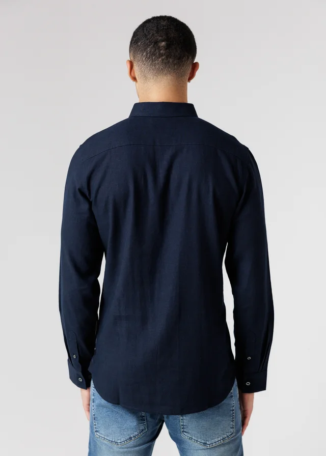French Connection Navy Linen Blend Long Sleeve Chest Pocket Shirt