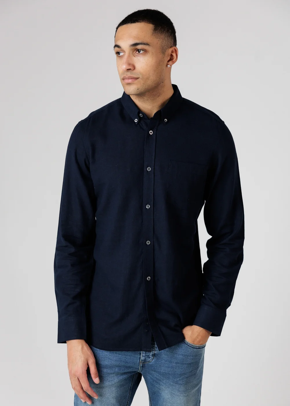 French Connection Navy Linen Blend Long Sleeve Chest Pocket Shirt - XL Image 1