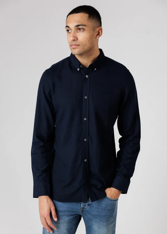 French Connection Navy Linen Blend Long Sleeve Chest Pocket Shirt