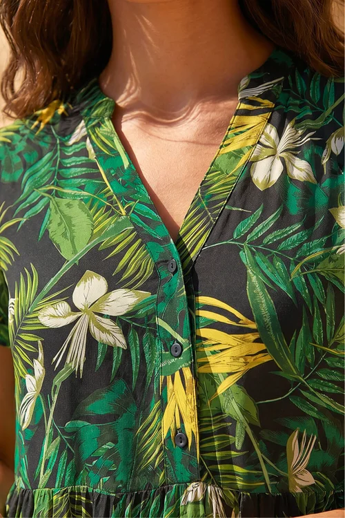 Roman Green Tropical Leaf Print V-Neck Midi Dress - 10 Image 4