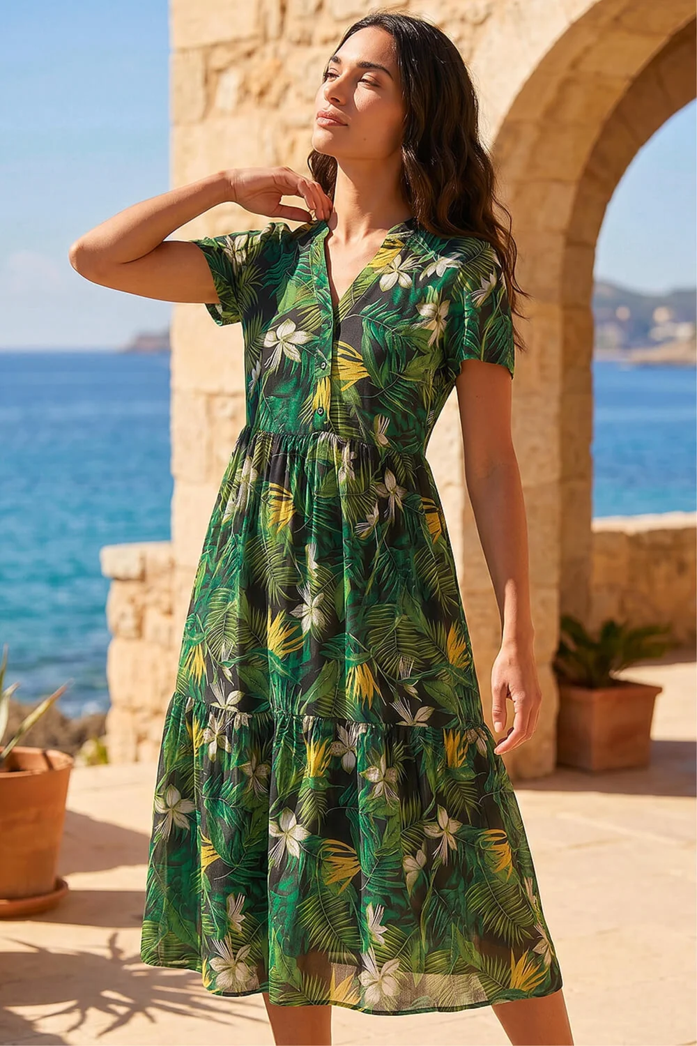 Roman Green Tropical Leaf Print V-Neck Midi Dress - 10 Image 1